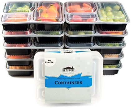 HYME 3 Compartment 10 Pack Food Storage Containers Microwave safe Stackable With Lids