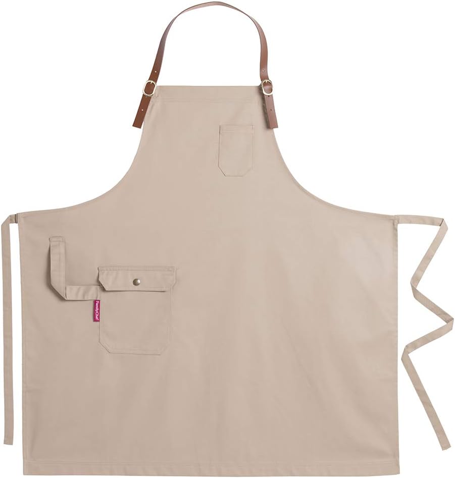 JYPHM Kitchen Apron for Women and Men with Pockets Chef Apron Leather Straps Cooking Baking BBQ professional Bib Apron Khaki