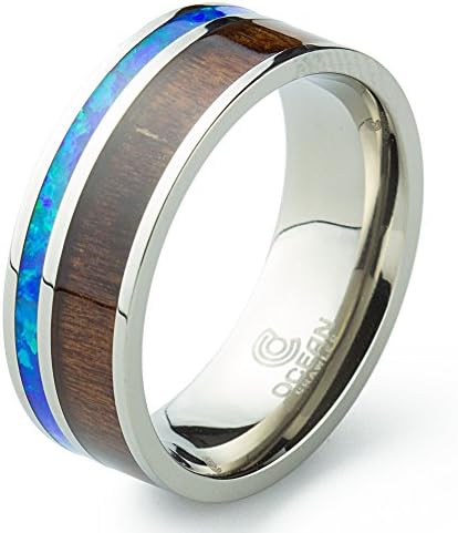 Titanium Ring Inlaid with 100% Natural Koa Wood and Genuine Mosaic Opal - 8mm Wide - Wedding, Engagement.
