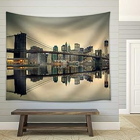 Brooklyn Bridge and Manhattan at Dusk, New York City - Fabric Wall Tapestry Home Decor - 51x60 inches