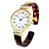 Tortoise Gold Acrylic Band Slim Case Women's Bangle Cuff Watch