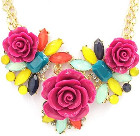 Best Wing Jewelry "Rose / Flowers" Cluster Gold-tone Chain Statement Collar Bib Necklaces (Fuchsia-Green)
