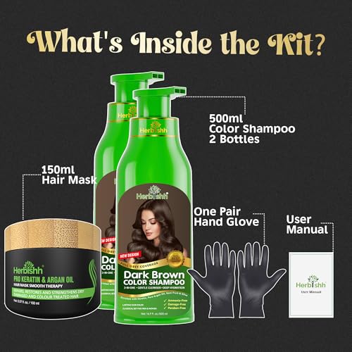 Herbishh Combo Pack-2Pcs Hair Color Shampoo For Gray Hair+ 1Pc Argan Intense Hair Mask- Hair Dye Shampoo – Colors Hair In Minutes – Long-Lasting Color– 500 Ml –Stimulates Dry Frizzy Hair (Dark Brown)