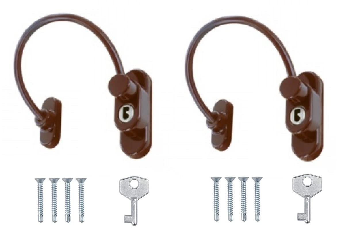 TERF® Heavy Duty Brown Cable Locking Window Restrictor Child Proof Window Security Restriction Key Lock with 1 Key and Fixing Screws For Wood Aluminium UPVC Vinyl Frames - Pack of 2