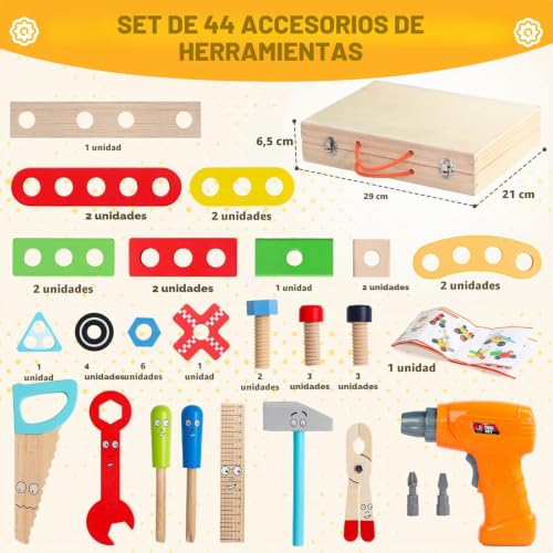 Toys Children 3 Years Old Gift Boy Girl 3 4 Years, Wooden Tool Box Toy with Electric Drill, Montessori Toys Educational Games Boys Girls 3 4 Years Old (44 Pieces)
