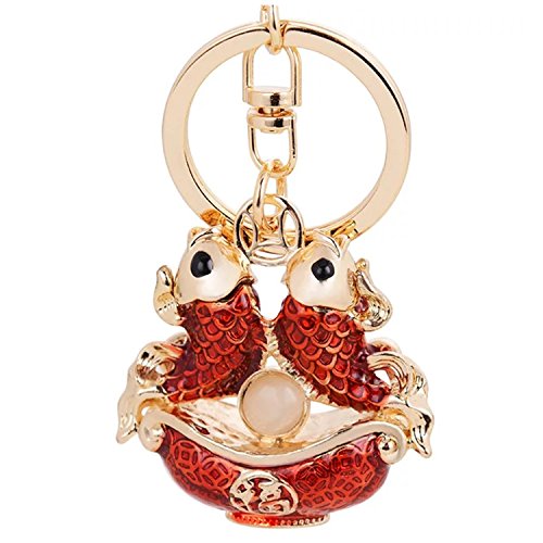 Feng Shui Double Carps /Lucky Fish Key Ring Key Chain for good fortune ( With a Betterdecor Gift pouch)