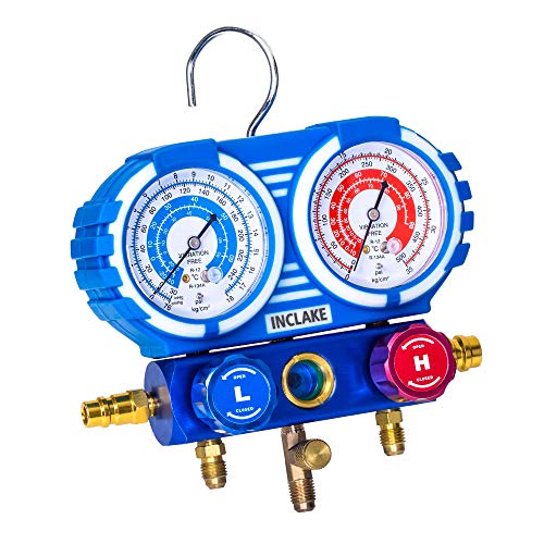 INCLAKE Manifold Gauge Set for R134A, R22 Refrigerant, Brass Auto Service Set with 5FT Hose, 1/4 Inch Fittings, Adjustable Couplers and Can Tap - Thumbnail 2
