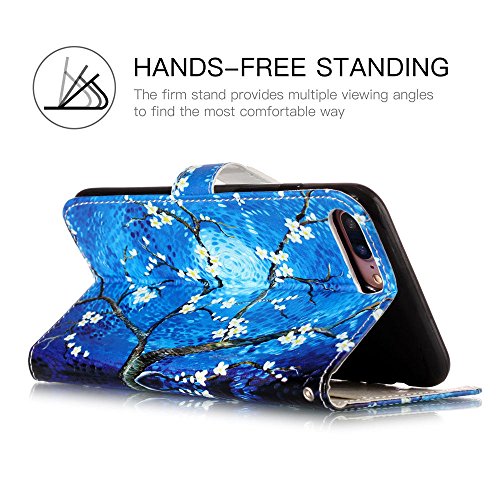 JanCalm iPhone 8 Plus/7 Plus Wallet Case [Kickstand Feature][Card Slots/Side Pocket][Wrist strap] PU Leather Wallet Magnetic Flip Folio Cover for iPhone 8 Plus/7 Plus + Crystal pen (Blue/Flower) - Thumbnail 5