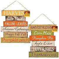 Greenbrier Fall Decoration Hanging Indoor Outdoor Welcome Wood Sign - Thanksgiving and Harvest Blessings - Set of 2