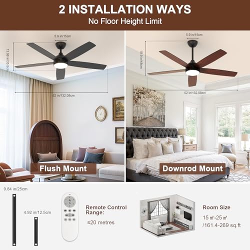 Dorlink Ceiling Fans with Lights and Remote, 52 Inch Flush Mount Ceiling Fan Light for Bedroom, Low Profile LED Ceiling Light with Fan, 6 Speeds Quiet DC Motor, Dimmable Reversible, Walnut/Black