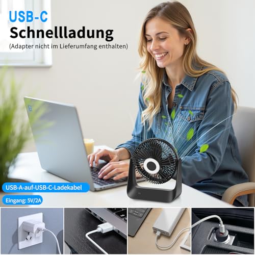 Table Fan with Temperature Control, 5000mAh USB Fan, 5 Speed Levels Including Sleep Mode, Rechargeable Battery Operation, with LED Light & Hook, for Home, Office, Travel, Camping