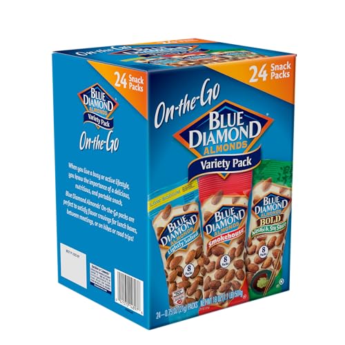 BLUE DIAMOND ALMONDS SNACK NUT VARIETY PACK FOR KIDS, OFFICE, SCHOOL, ON-THE-GO, 0.75 OZ GLUTEN FREE INDIVIDUAL PACKS, WASABI & SOY SAUCE, LIGHTLY SALTED, AND SMOKEHOUSE (PACK OF 1,24 COUNT TOTAL)
