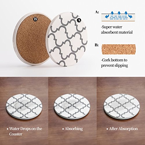 YHY Absorbent Stone Coaster Set, Drink Spills Coasters, Set of 6, Grey Line, Geometric Pattern