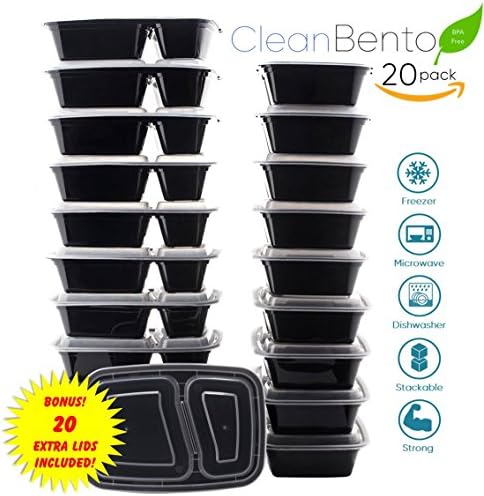 Meal Prep Containers (20 Pack) CLEAN BENTO 2 Compartment Meal Containers with Lids, Meal Planning, Takeout, Lunch To-Go, Reusable, Stackable, Dishwasher/Microwave/Freezer Safe, BPA Free