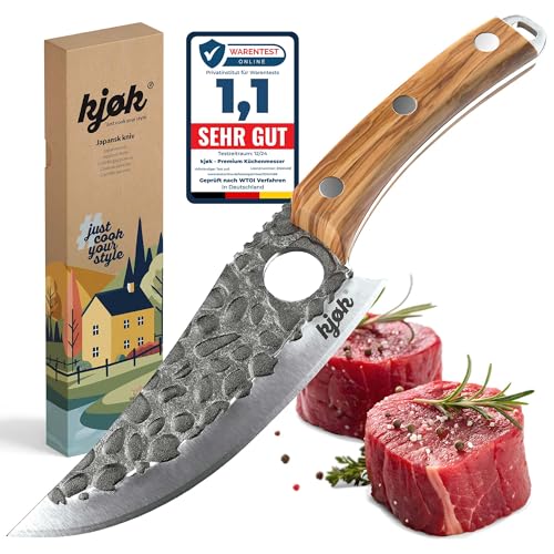 Kjøk Premium Messer 58±2 Hrc Stahl, 148 Mm Scharfe Klinge Mit Loch In Hammeroptik Und Olivenholzgriff – Hochwertiges Küchenmesser Grillmesser Für Fleisch Und Bbq - Allzweckmesser Für Outdoor &Amp; Camping