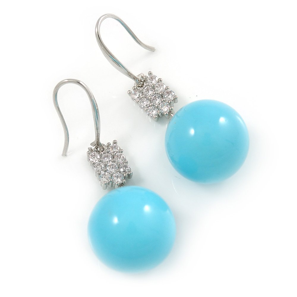 Light Blue Ceramic Bead Clear CZ Drop Earrings 925 Sterling Silver - 40mm L