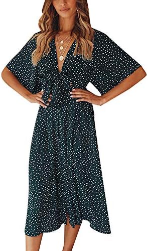Eleter Women's Boho Polka Dot Tie Knot Front V-Neck Short Sleeve Swing Casual Party Midi Dress