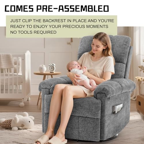 Korser Recliner Chair, Swivel Rocker Recliner Chair for Adults, Small Recliners for Small Spaces, Upholstered Manual Recliner with Side Pockets, Nursery Rocking Chair for Living Room, Chenille, Grey