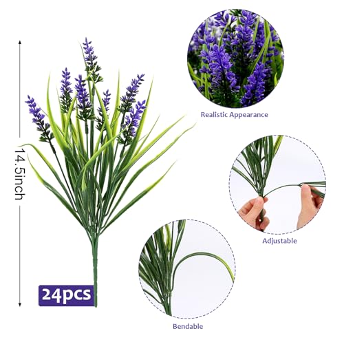 Geegoods Artificial Plants Flowers Outdoor – 24 Bundles UV Resistant Faux Lavender Flowers with Monkey Grass for Garden Porch Window Patio Hanging Planter Decor