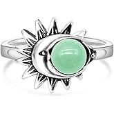 XKBYL 925 Sterling Silver Stone Ring,Natural Round Crystal Gemstone Ring,Sun Moon Statement Boho Bohemian Ring for Women