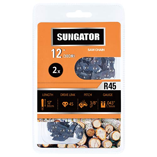 SUNGATOR 2-Pack 12 Inch Chainsaw Chain SG-R45, 3/8" LP Pitch - .043" Gauge - 45 Drive Links, Fits Craftsman, Husqvarna, Ryobi, Dewalt