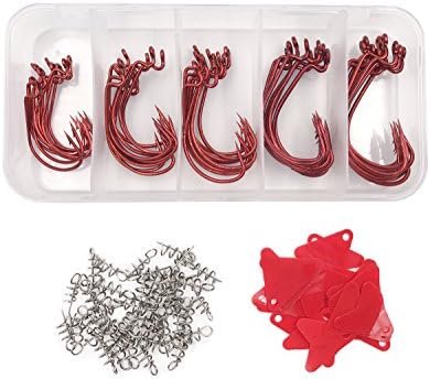 50Pcs Worm Hooks High Carbon Steel Fishing Hooks Jig Fishing Crank Hooks Set w/ Red Spinner Blades and Spring Twist Lock (Red)