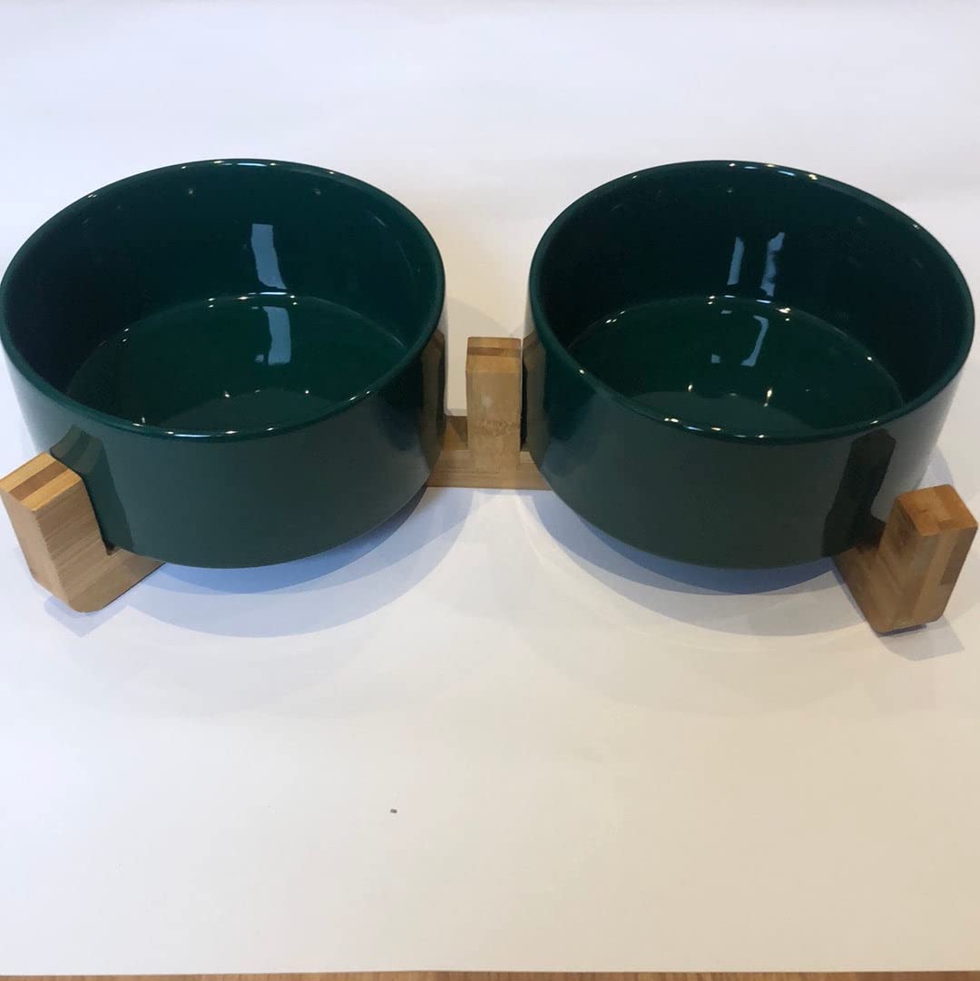 Double 14.5cm Ceramic Dog Bowls on Bamboo Stand (Green)