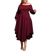 Plus Size Formal Dresses for Women Off Shoulder Long Sleeve Boat Neck Irregularly Flowy Midi Church Dress