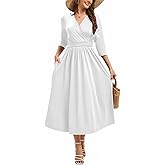 DinyIn Elegant Dress for Women Summer V-Neck Wrap 3/4 Sleeve A-Line Work Cocktail Party Sunshine Midi Dresses with Pockets