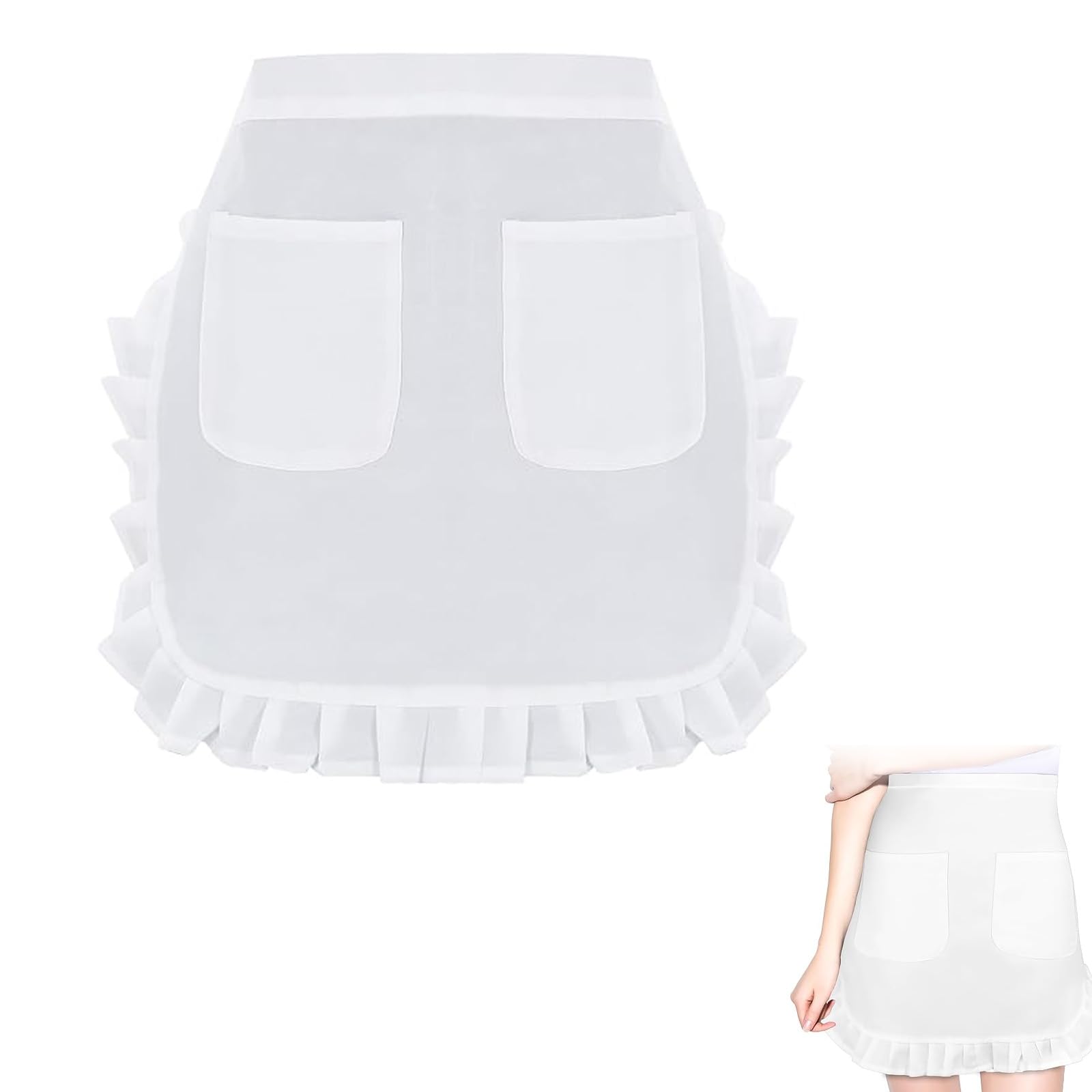 Benaewa White Apron, Waitress Apron with 2 Pockets, Adjustable Waist Ruffle Aprons for Cooking Restaurant Bistro
