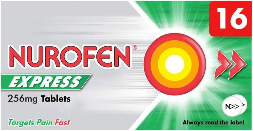 Nurofen Express Ibuprofen 256mg, 16 Tablets - Pain, Sinus, Migraine, Headache, Toothache Relief, Long Lasting Cold & Flu relief