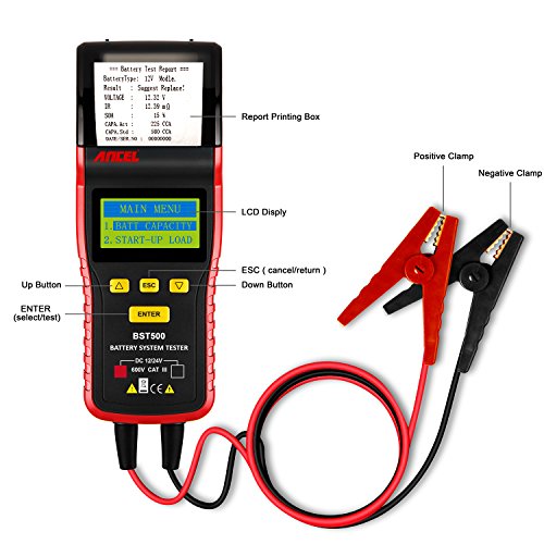 ANCEL BST 500 Professional 12V / 24V Automotive Load Battery Tester Print Data Available Digital Analyzer Bad Cell Test Tool for Car / Truck / Motorcycle and More (Black/Red)