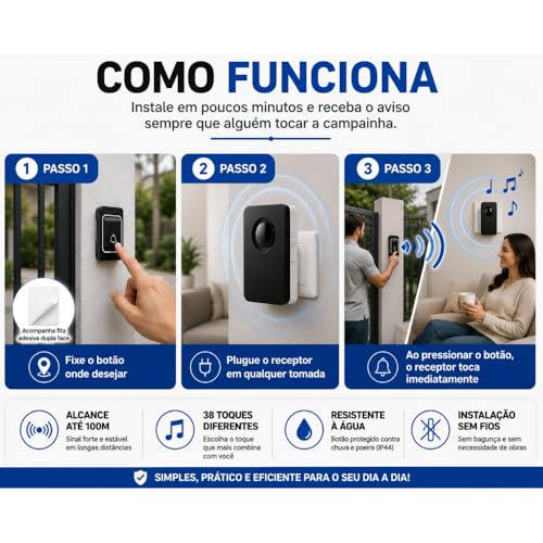 Campainha Sem Fio Bivolt à Prova d’Água Premium | 38 Toques | Alcance até 100m | Uso Residencial, Comercial ou Emergencial – Preto