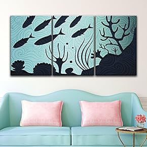 3 Panel Canvas Wall Art - Black Fish Pattern Under The Sea - Giclee Print Gallery Wrap Modern Home Art Ready to Hang - 16"x24" x 3 Panels