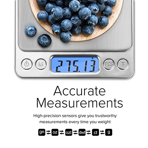 NEXT-SHINE Digital Kitchen Scale 500 x 0.01 Gram, Pocket Size with PCS Tare Switch Weighing Units Function, Stainless Steel Platform