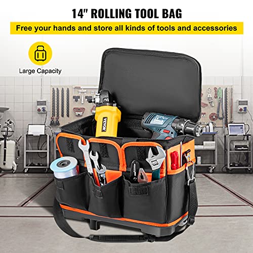 VEVOR Rolling Tool Bag, 14in Tool Bag with Wheels, 17 Pockets Roller