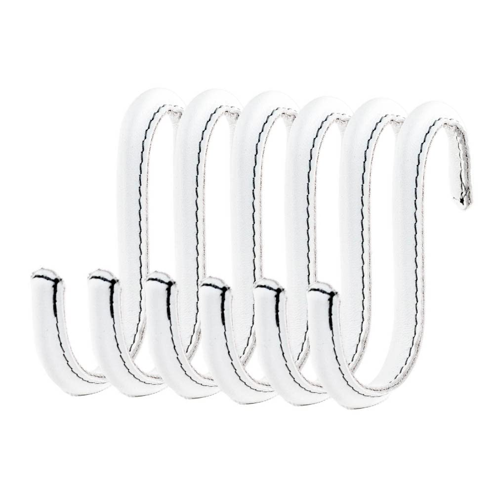 Brute Strength - S Shaped Hooks Wrapped in Full Grain Leather - 6 pcs - White - 10 cm Stainless Steel Metal Hangers Hanging Hooks for Kitchen, Work Shop, Bathroom