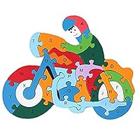 DOUYYE 26 Pcs Wooden Letters and Numbers Jigsaw Puzzles,Interactive Educational Children Learning Toys for Age 3 4 5 Years Old and Up Kid Baby Preschool Toddler Boy Girl, Birthday Gift ( Motorcycle)