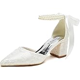 Jotwry Block Heel Wedding Shoes for Bride Pointed Toe Pearl Wedding Heels Bridal Shoes