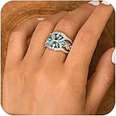 925 Silver Plated Turquoise Engagement Statement Rings for Women's, Western Boho Cubic Zirconias Cocktail Party Crystal Turkish Rings Jewelry Gift for Mother's Day Size 8#