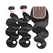 VRBest Virgin Brazilian Straight Human Hair Extensions 3 Bundles Unprocessed Brazilian Virgin Hair Weave Bundles Natural Black Color (12 14 16 +10 closure)