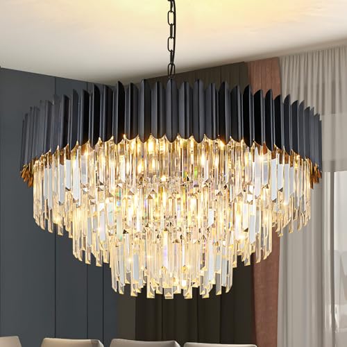 KUNYEEE Modern Luxury Crystal Pendant Light, Black Crystal Chandelier, 15xE14 Drop Chandelier Light Recessed Ceiling Light for Dining Room, Φ80cm