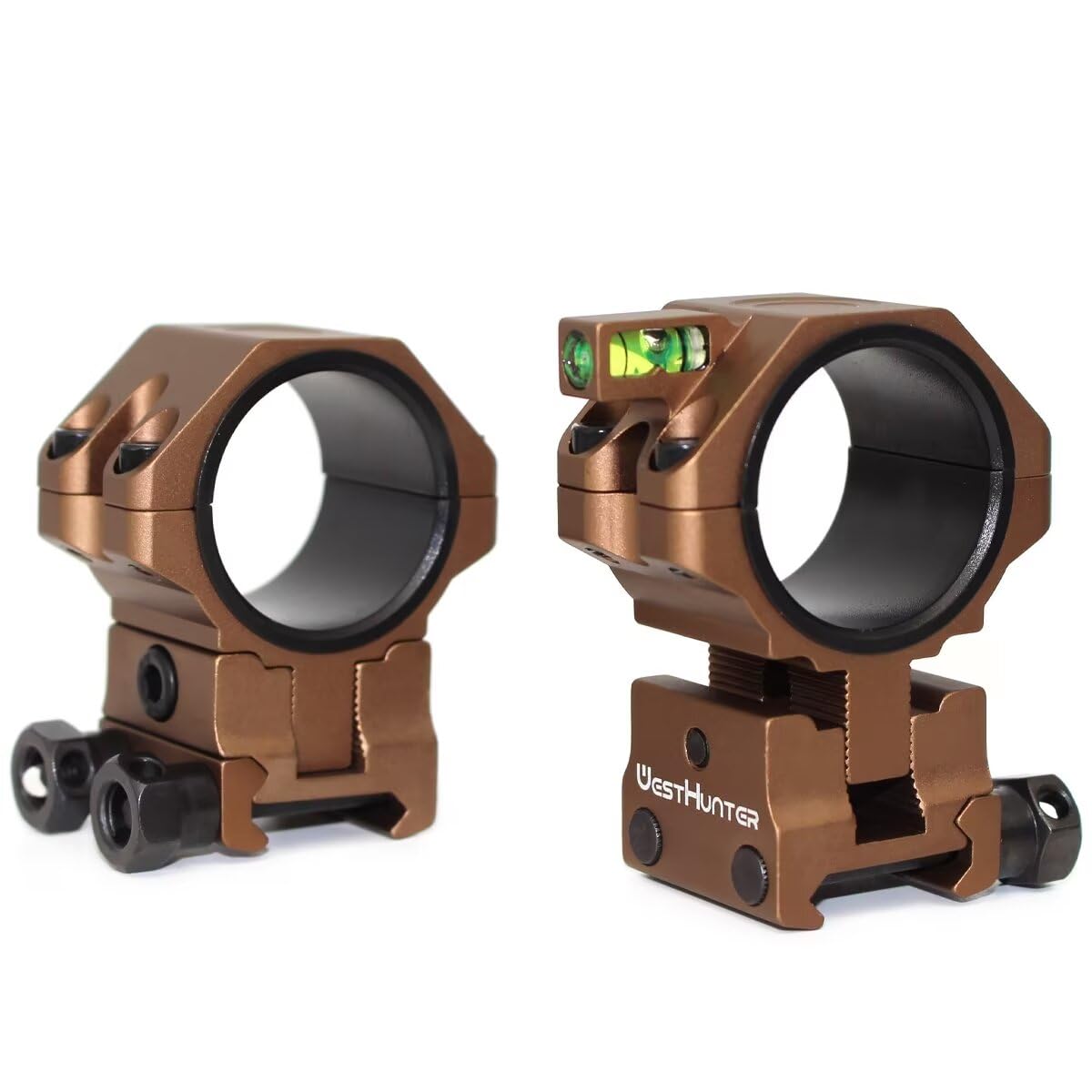 WestHunter Optics Precision Picatinny Scope Rings, 34 mm Tube Adjustable Height Scope Mount with Bubble Level, 30 mm & 25.4 Adapter | Brown