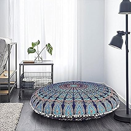 Blue Mandala Tapestry Soft Cozy Handmade Large Floor Cushion Seating Mandala Tapestry Floor Pouffe Pillow Covers Bohemian Outdoor Cushion Cover Ottoman Pouf Cover Children Sheets and Pillowcases Decorative Cushion Case Only Cover Without Filler 32 Inches