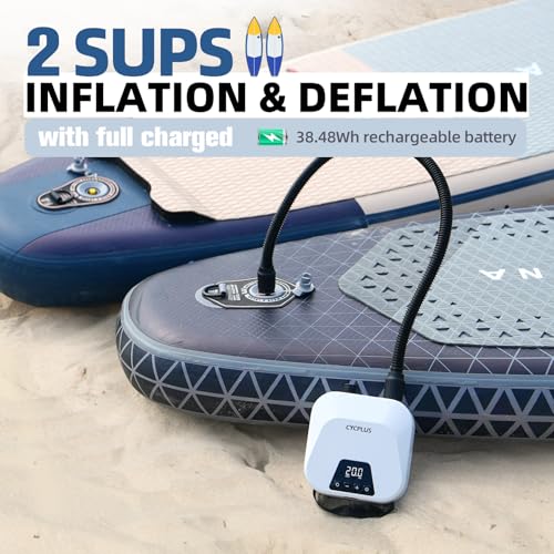 CYCPLUS 20PSI High Pressure Smart SUP Air Pump, Battery Operated, Intelligent Dual Stage Inflation & Deflation, Auto-Off Air Pump for Stand Up Paddle Boards, Surfing Kite, Tent, Mattress