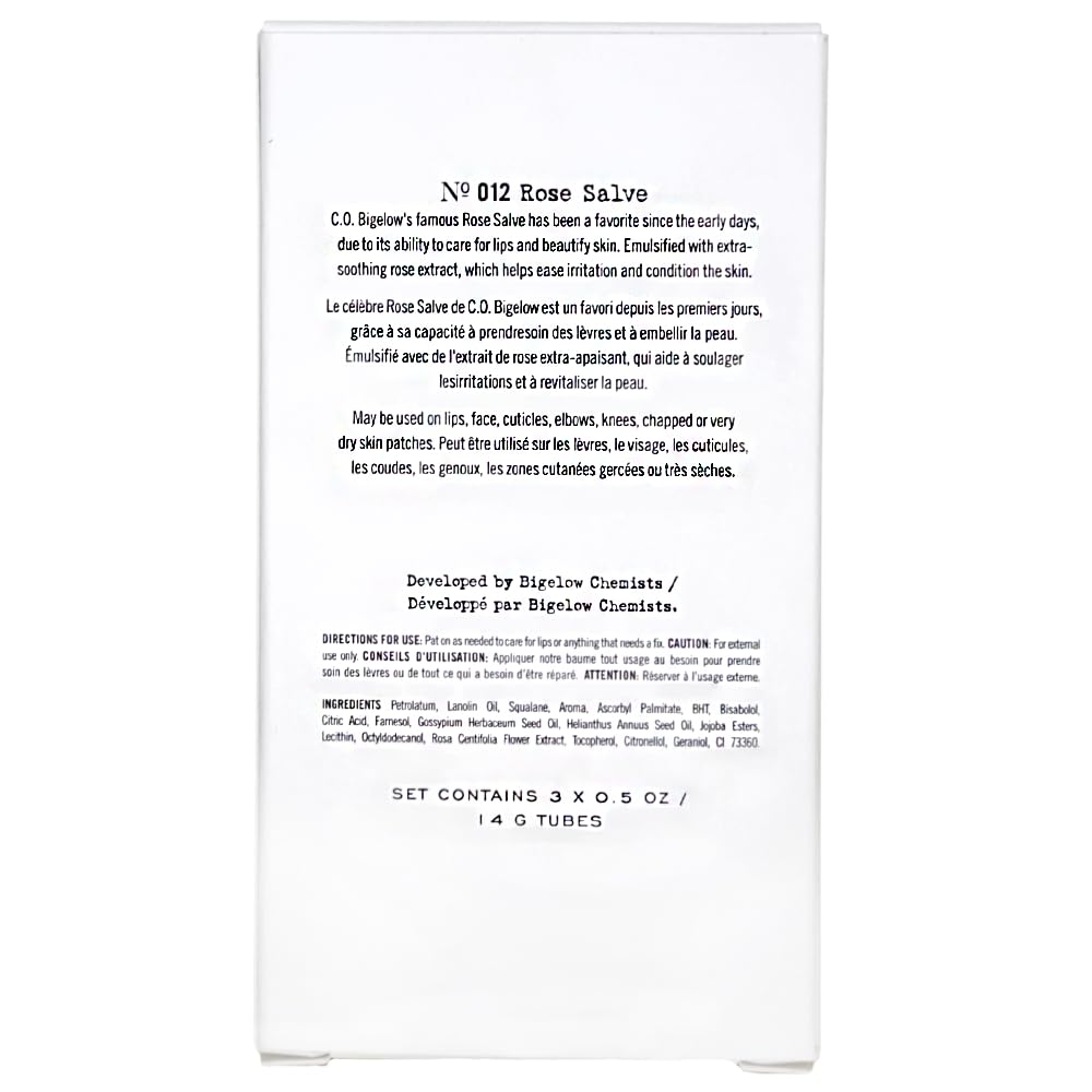 C.O. Bigelow Rose Salve Tubes, Pack of 3 Lip Balm Tubes, All Purpose Salve for Lips, Cuticles, Hands & Dry Skin, Lip Balm Set, 0.5 oz