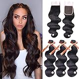 Allrun Hair Body Wave Bundles with Closure(20 22 24+20 Closure)100% Brazilian Unprocessed Human Hair Body Weave Bundles with Free Part Lace Closure Natural Black Color 7A