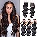 Allrun Hair Body Wave Bundles with Closure(20 22 24+20 Closure)100% Brazilian Unprocessed Human Hair Body Weave Bundles with Free Part Lace Closure Natural Black Color 7A