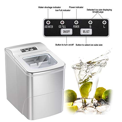 AGLUCKY Portable Ice Maker Machine Stainless Steel Covers,Countertop Automatic Ice Maker,26lbs/24hr,9pcs S/L Size Ice Cube Ready in 6-13 Mins,1.5lbs Ice Storage with Ice Scoop,Indicator Function,White
