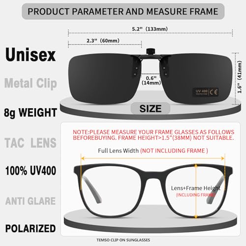 TEMSO Clip On Sunglasses Polarized Flip up Driving Glasses For Men Women,UV400 Protection|HD Vision|Anti Glare|Safe Driving